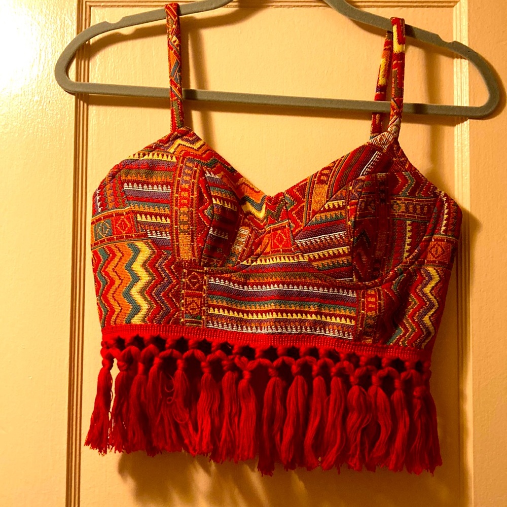 Cider brand Aztec woven crop top with zipper back.
